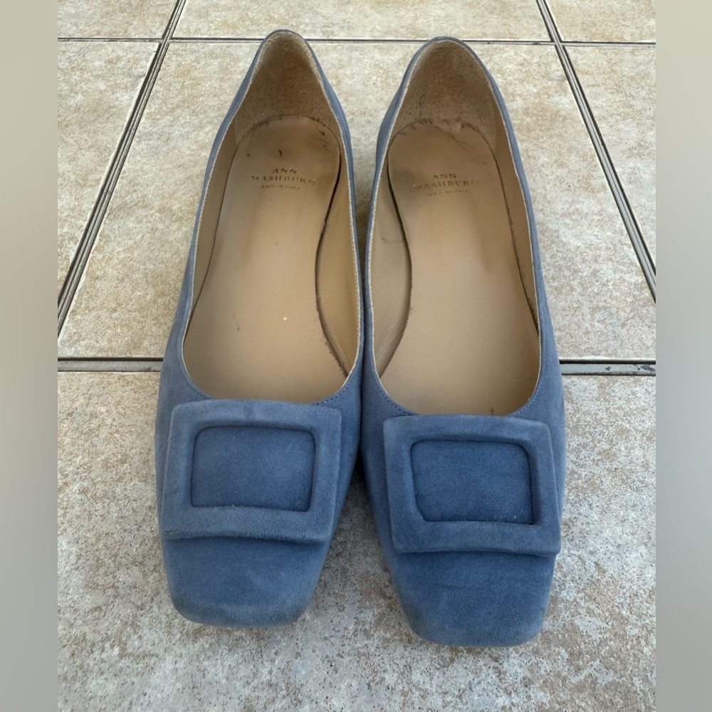 ANN MASHBURN Powder Blue Suede Low Block Heel Pumps with Decorative Buckle - Picture 3 of 14